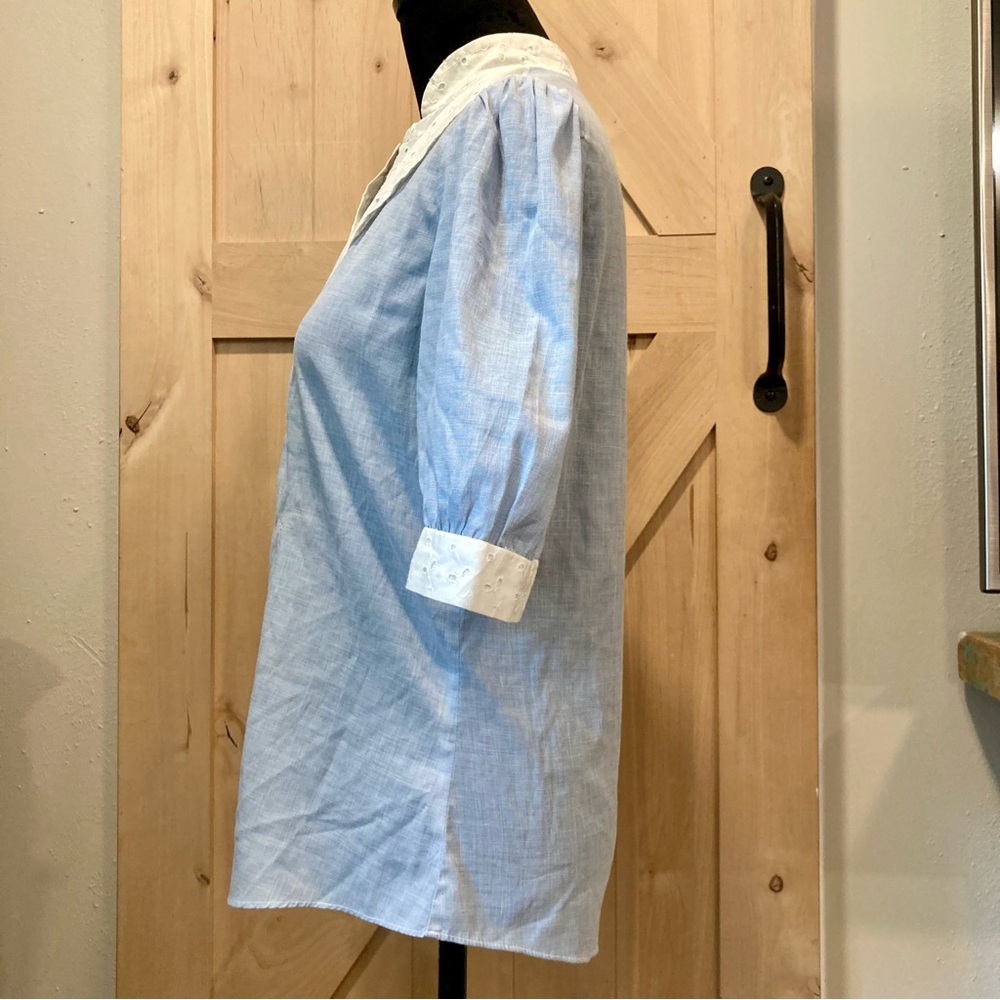 Vintage Blouse Light Blue with White Eyelet Trim and Puffy Shoulders - Picture 5 of 14